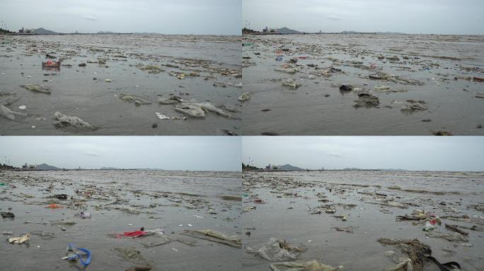 污染严重的海滩退潮沙滩海边航拍视频环保破