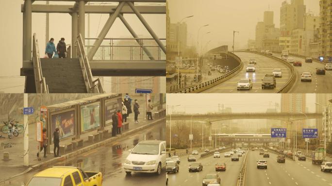 辽宁沈阳城市污染沙尘暴天气的马路车流行人