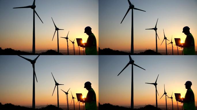 风车和工程师剪影能源新能源