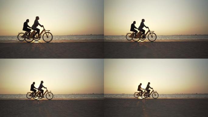 商务伙伴骑车上班骑行海边海滩海岸线