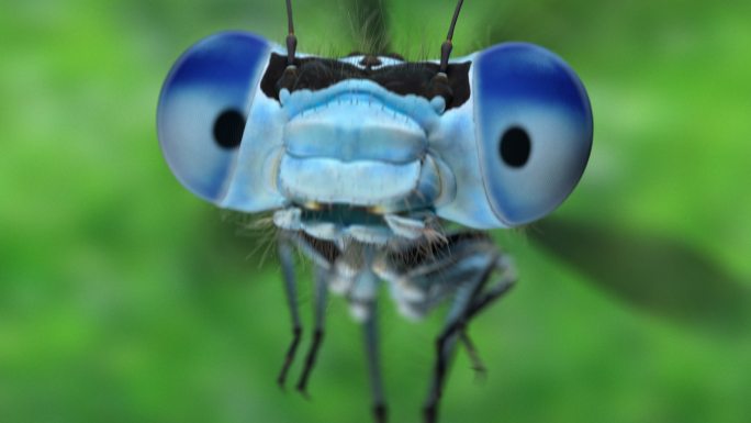 慢动作极端特写的蓝色蜻蜓前视图