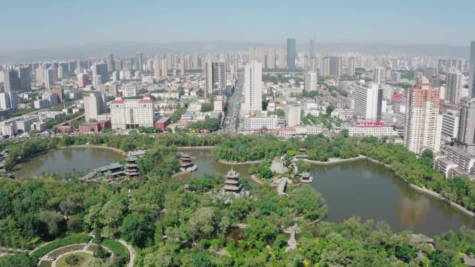 4K城市公园航拍迎泽公园山西太原地标宣传