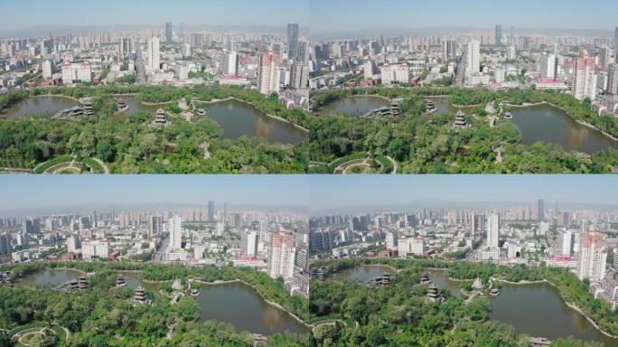4K城市公园航拍迎泽公园山西太原地标宣传