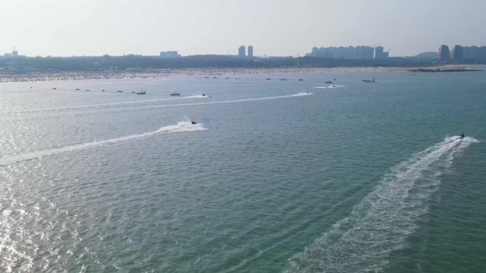 4K航拍激情摩托艇沿海旅游经济游客