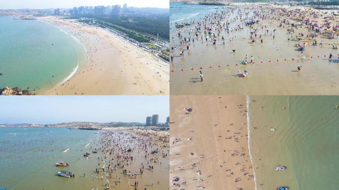 4K航拍海浪拍打沙滩人群节假日游客爆满