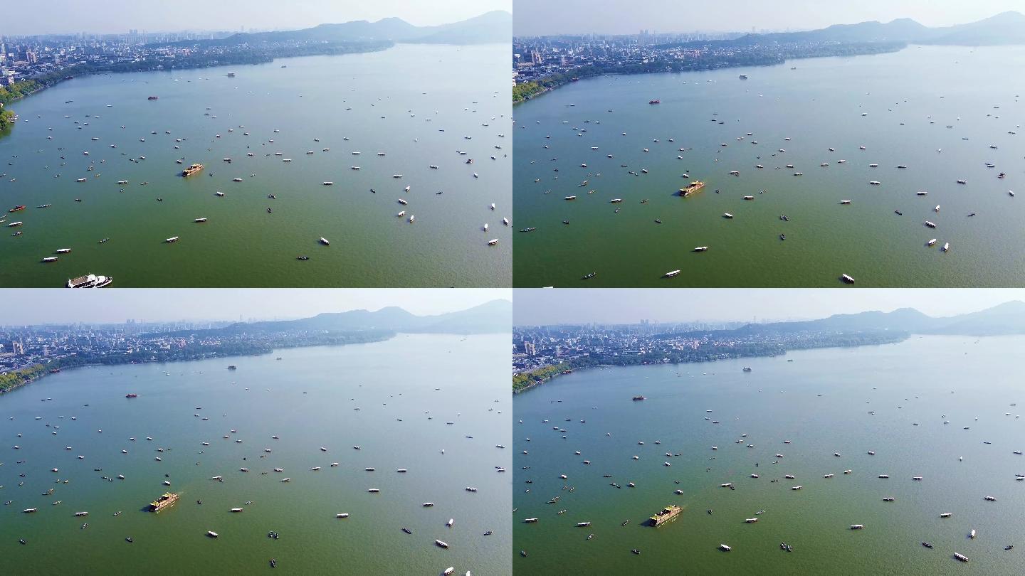 航拍浙江杭州满是游船的西湖湖面