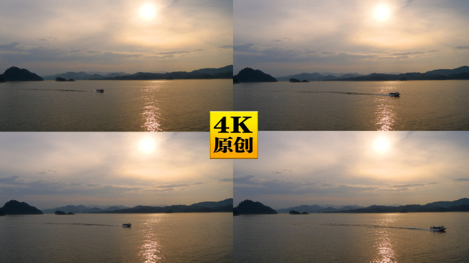 4K原创)夕阳下，快艇驶过广阔的湖面