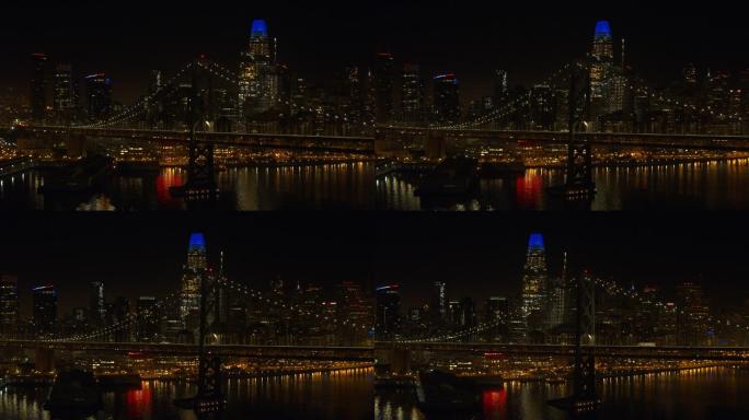空中拍摄旧金山市中心和海湾大桥。