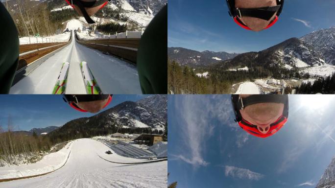 年轻男子跳台滑雪镜头