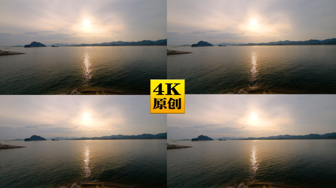 4K原创)广阔的湖面和远山，夕阳西下