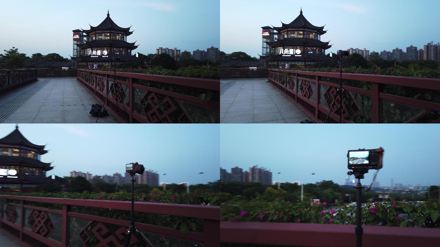 相机在天桥上拍摄夜景