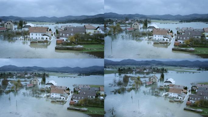 空中拍摄被洪水淹没的房屋
