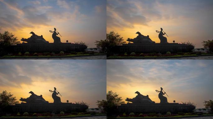 四川省眉山市城市东坡醉月雕像日出延时视频
