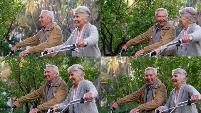 老年夫妇在公园一起骑自行车