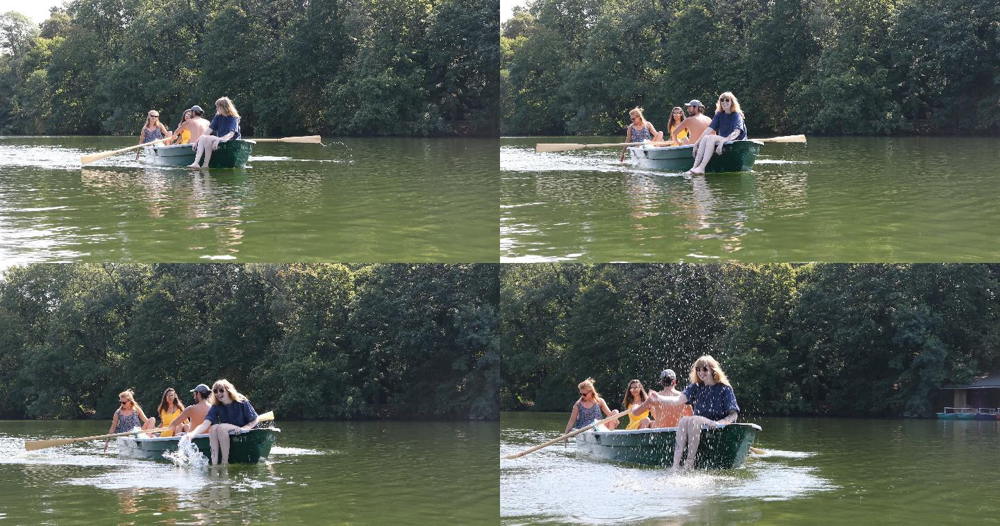 朋友在湖上划船