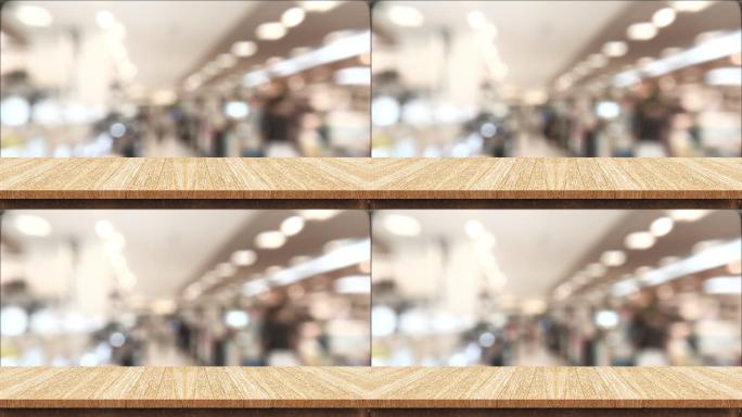 空棕色木桌子和模糊的人在超市购物