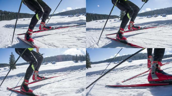 越野滑雪者以完美的技术滑上山。