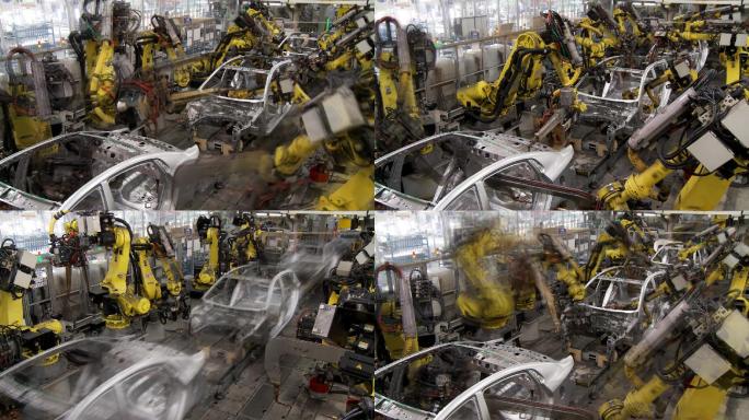 机器人在汽车厂收集和焊接车身