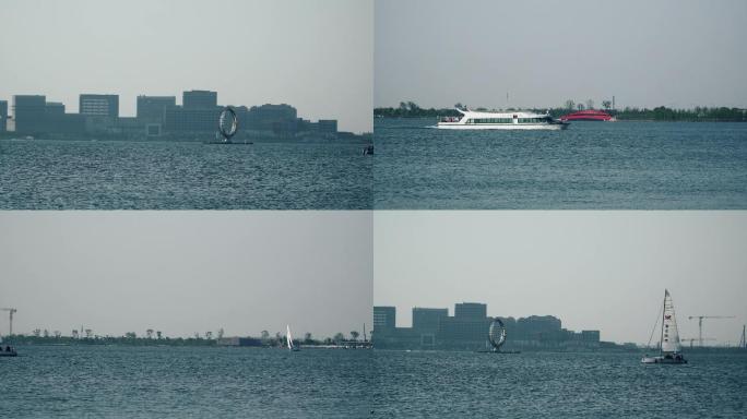 上海南汇临港滴水湖水面帆船游船空境