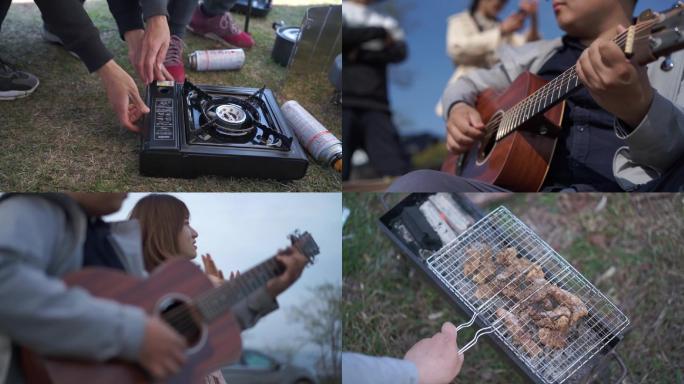 潍坊临朐云中草原露营相机拍摄吉他手烧烤