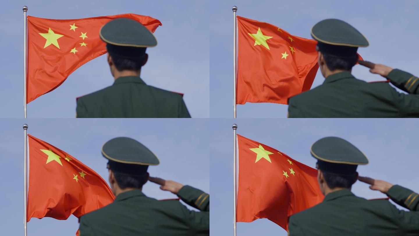 4K士兵军人向飘扬的红旗国旗敬礼视频素材