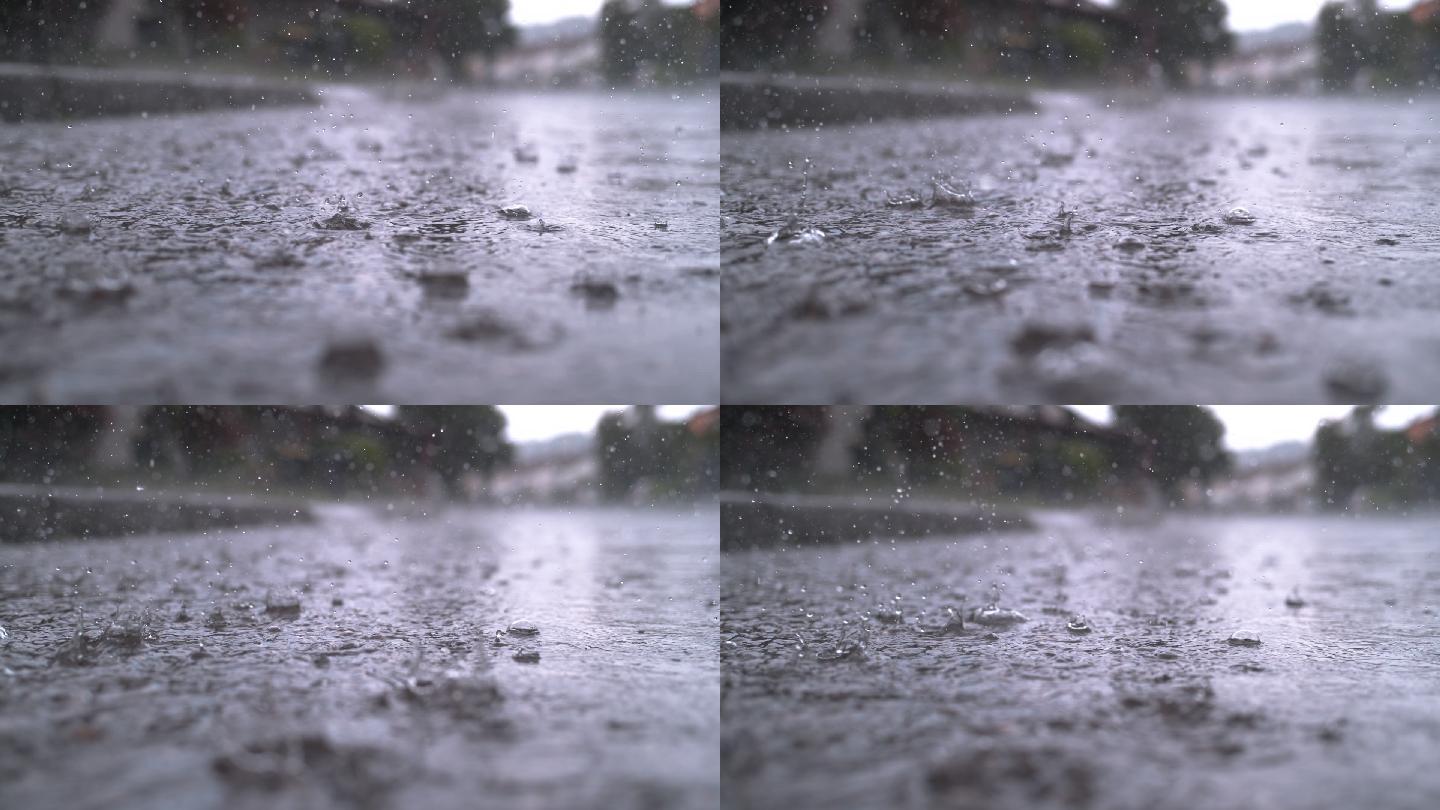 慢镜头特写大雨导致道路洪水