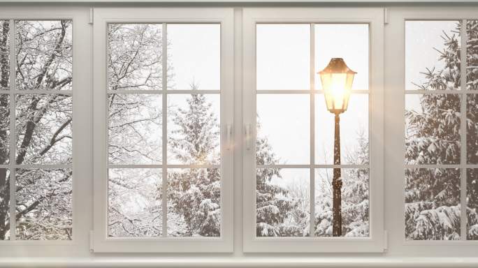 窗后冬季景观窗台雪景情景舞台LED素材情