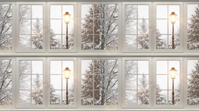 窗后冬季景观窗台雪景情景舞台LED素材情