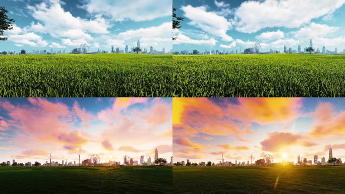 蓝天下的绿色环保城市草地草上延时4k镜头