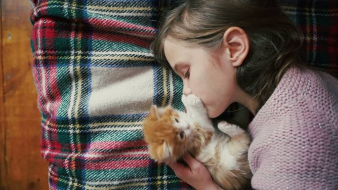小女孩在床上和小猫玩