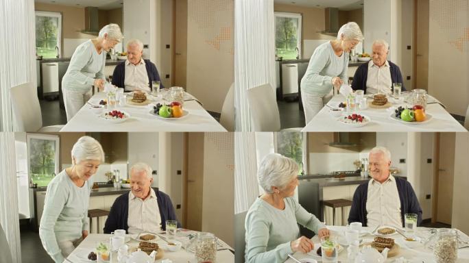 老年夫妇早餐喝茶家庭生活白发分享