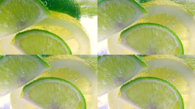 柠檬汽水果汁冰块入水慢动作融化低温夏天夏