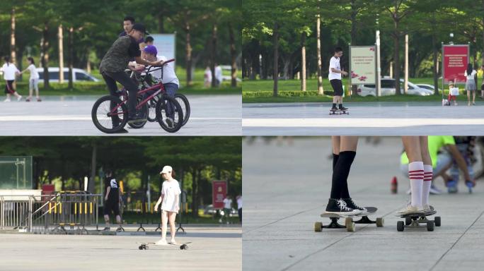 深圳市民中心休闲滑板极限运动轮滑单车人群