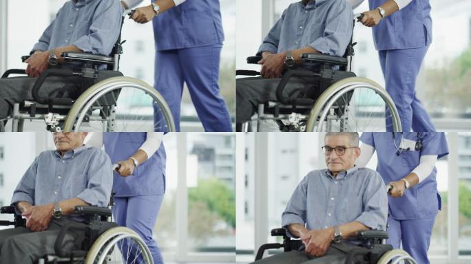 一名老年男子被护士推着轮椅四处走动