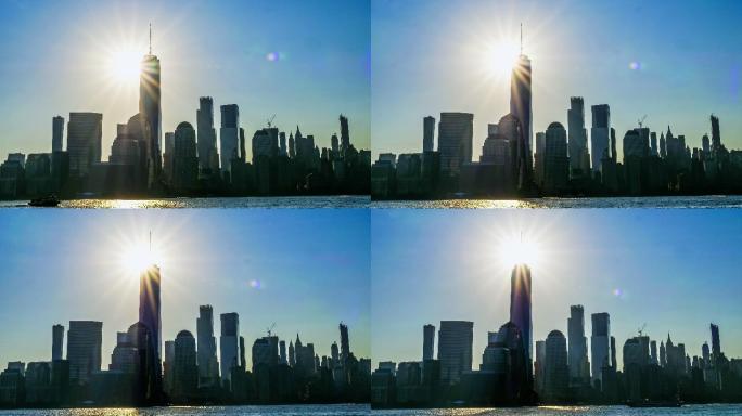 日出在世贸中心和曼哈顿的天际线上