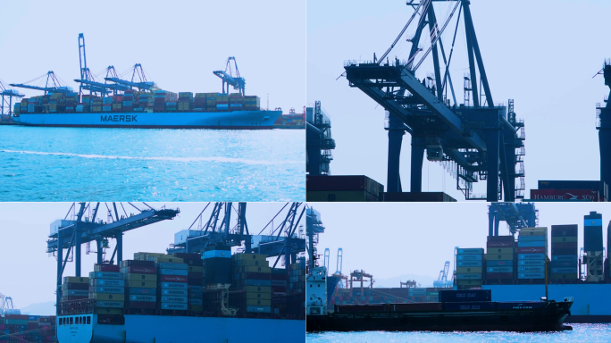 盐田码头港口停泊的大货轮船与吊架