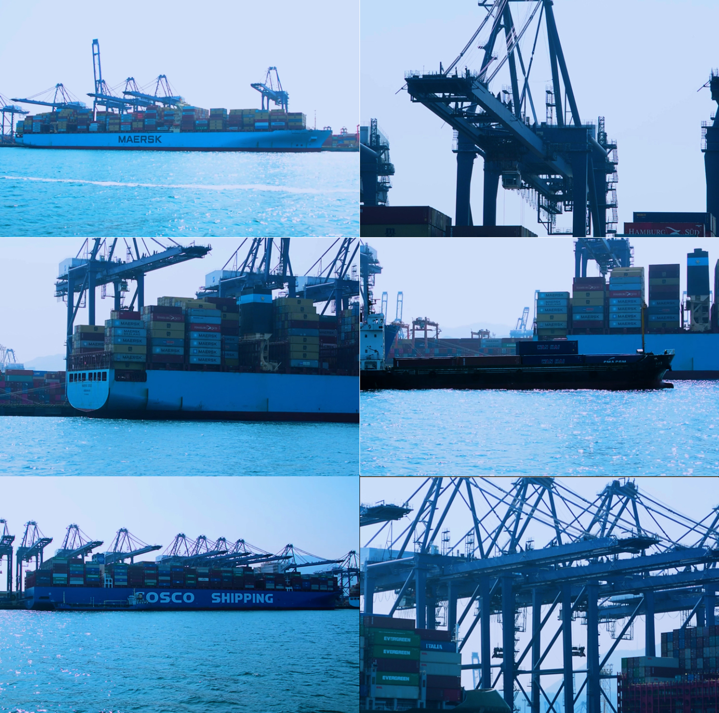盐田码头港口停泊的大货轮船与吊架