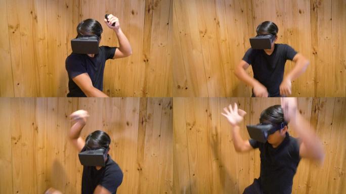 人通过虚拟现实护目镜玩剑术游戏