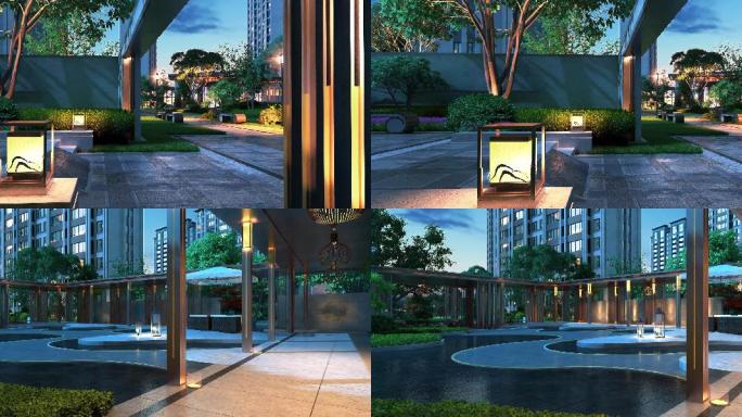 新中式地产园林景观亮灯动画中式长廊亮灯