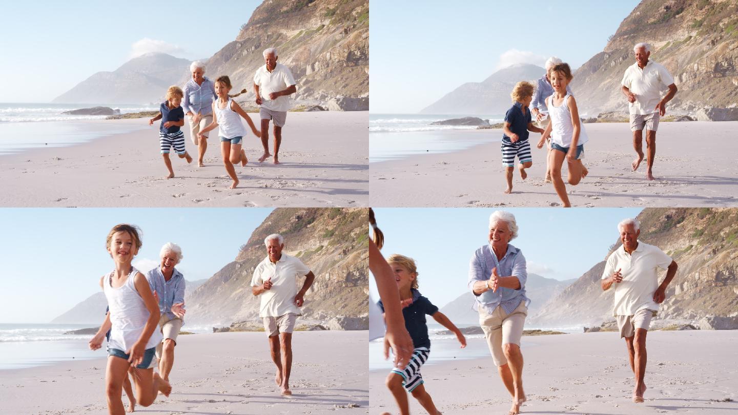 暑假爷爷奶奶在沙滩上追孙子