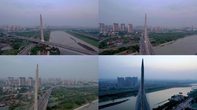航拍暮色中的京杭大运河济宁兴唐运河大桥
