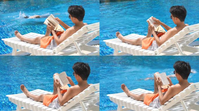夏天在游泳池边看书