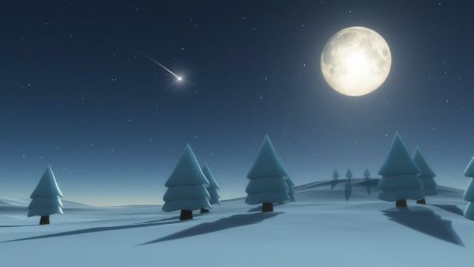 冬夜三维动画3D雪景树林夜晚卡通动漫