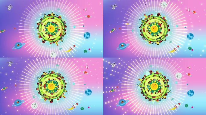 卡通可爱地球旋转太空发光粒子舞台视频