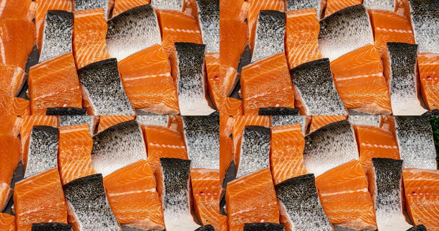 新鲜三文鱼鱼片展示