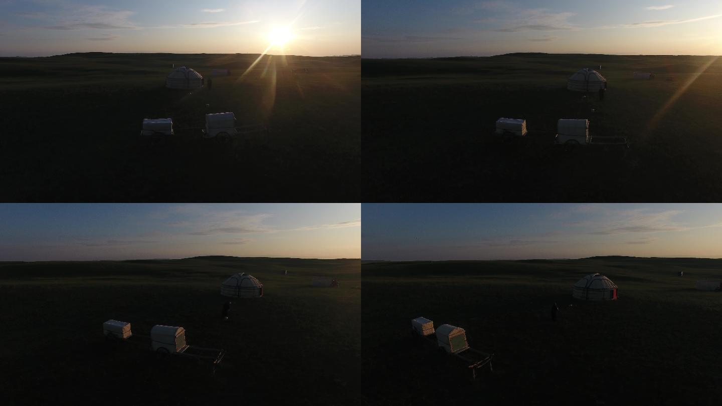 大草原夕阳西下的蒙古包