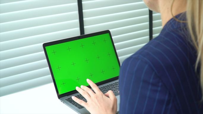 女商人在笔记本电脑上打字，绿屏