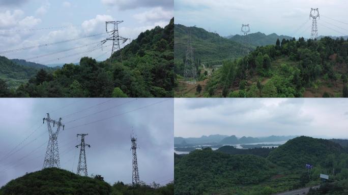 4K航拍、国家电网线、新农村、贵州风景山