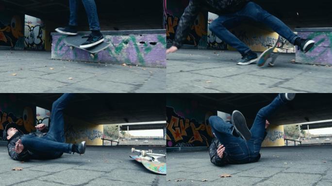 年轻人在玩滑板时摔倒