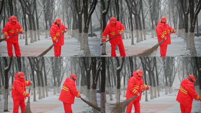 雪景环卫工扫雪视频